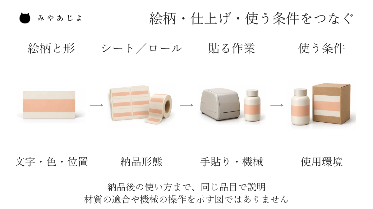 絵柄と形の確認から、シートやロールの仕上げ、貼る作業、貼った製品の使用条件へつながるラベルの案内図