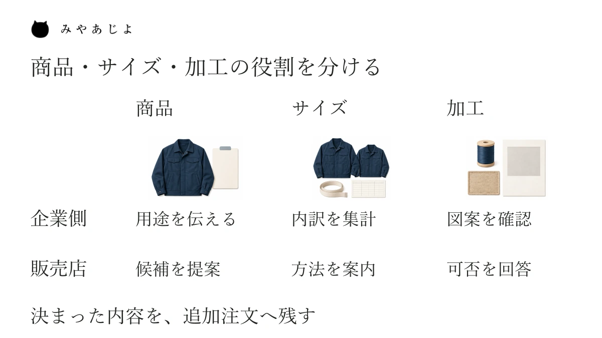 商品、サイズ、加工について、購入企業が用途・内訳・図案を確認し、販売店が候補・方法・可否を案内する役割の対応図