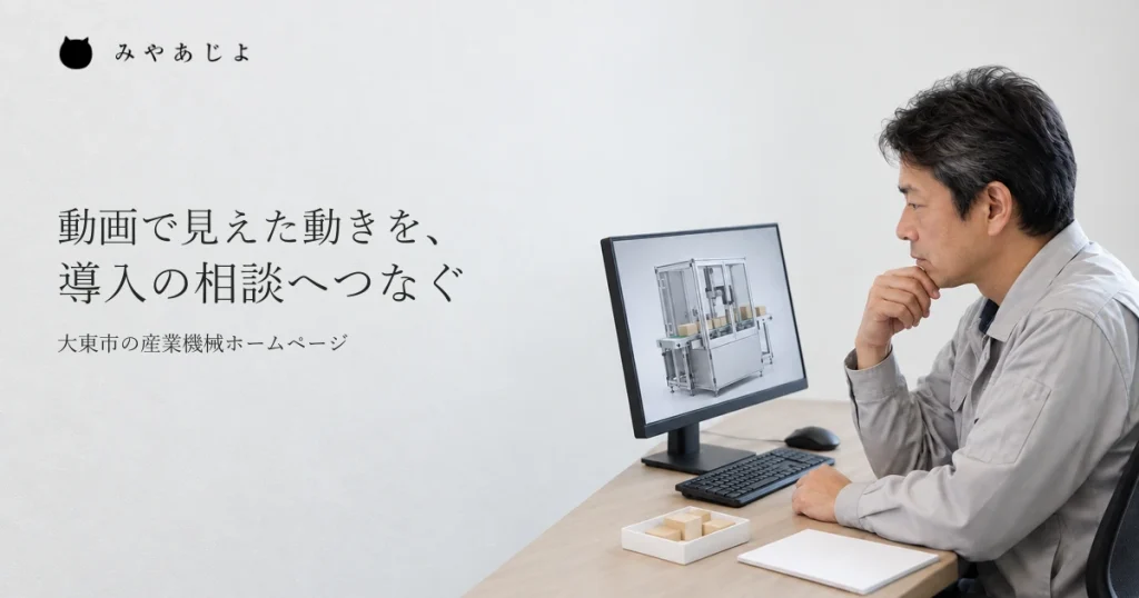 産業機械の案内担当者が、デモの映像とサンプルを見比べて説明を考える一般的な作業イメージ
