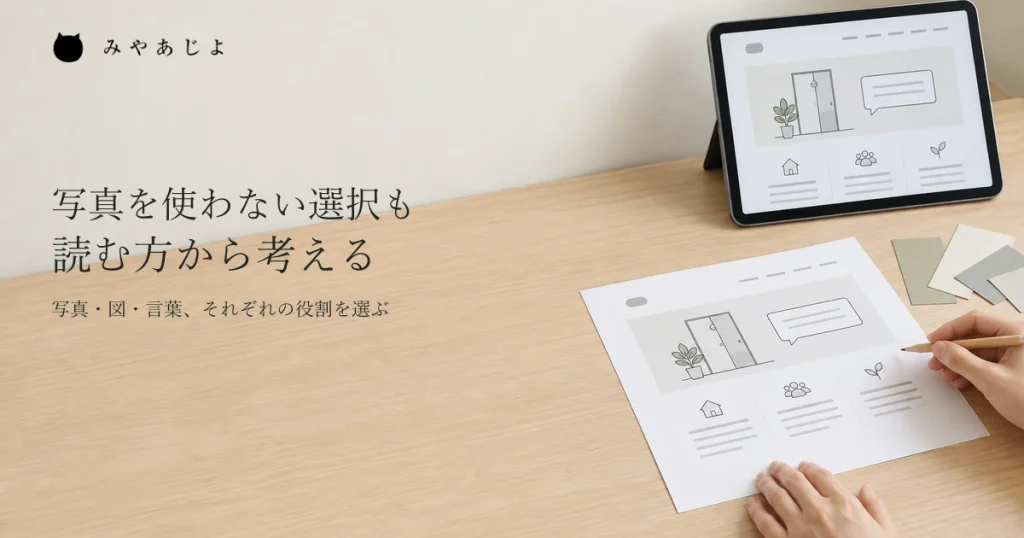 イラストと短い案内文の画面を机の上で確かめ、読む方に合うサイトを考えるイメージ