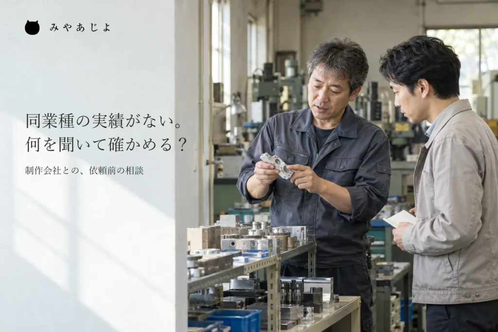 部品の加工について説明する人と、その話を聞く制作担当者のイメージ