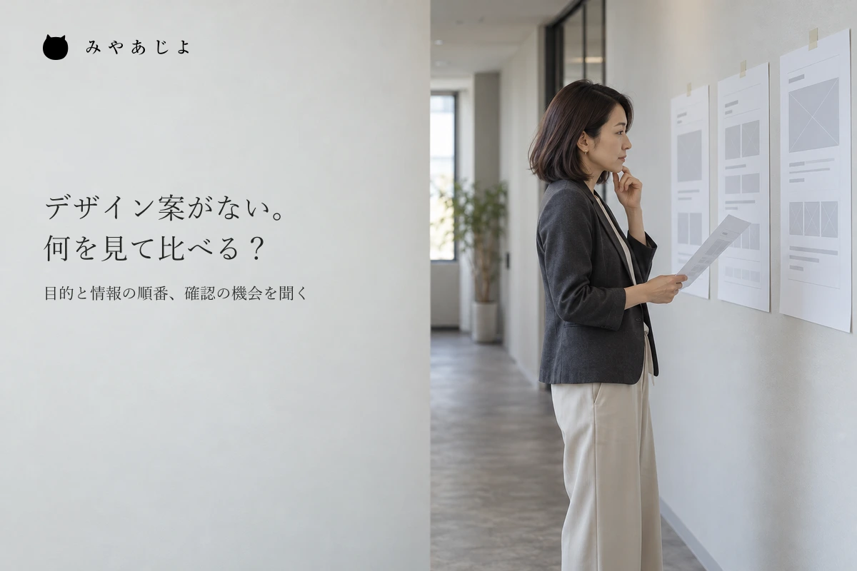 会議室の壁に貼った情報の並びのラフを、斜めから確認する担当者のイメージ
