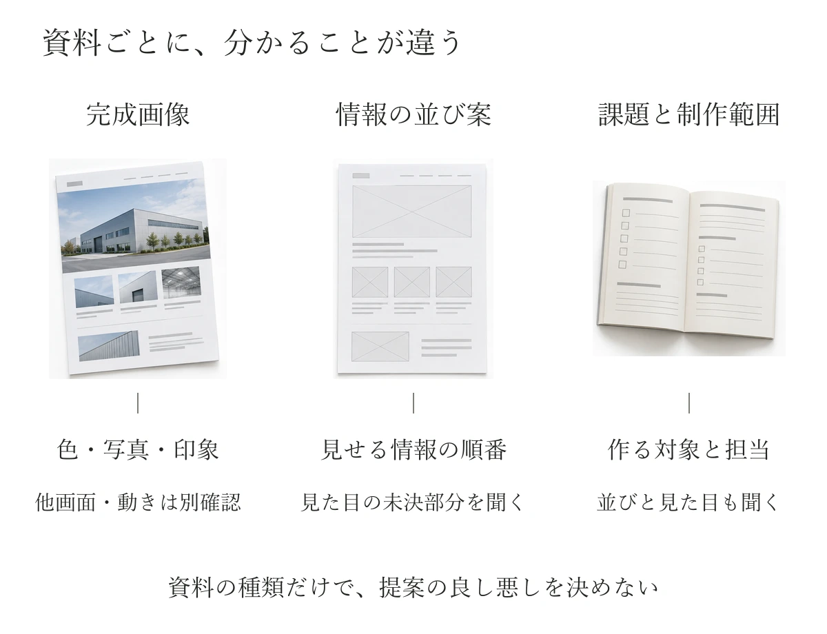 完成画像は印象、情報の並び案は見せる順番、課題と制作範囲の資料は作る対象と担当を確かめる材料という比較