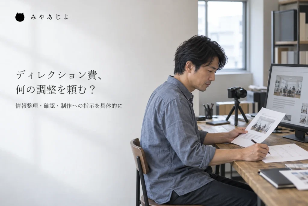 原稿と画面の確認版、撮影の準備を扱う進行担当者のイメージ