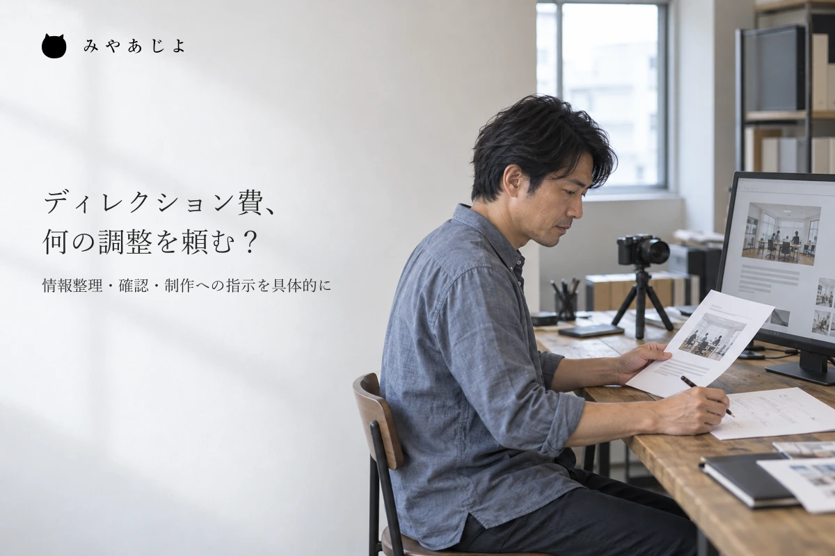 原稿と画面の確認版、撮影の準備を扱う進行担当者のイメージ