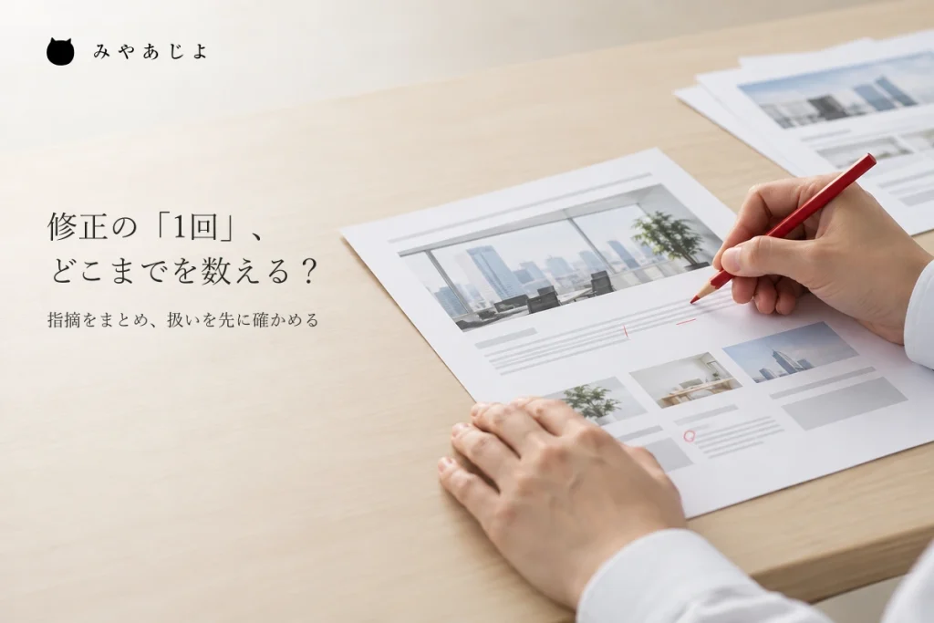 一つの画面案の校正紙へ、赤鉛筆で確認箇所をまとめる手元のイメージ