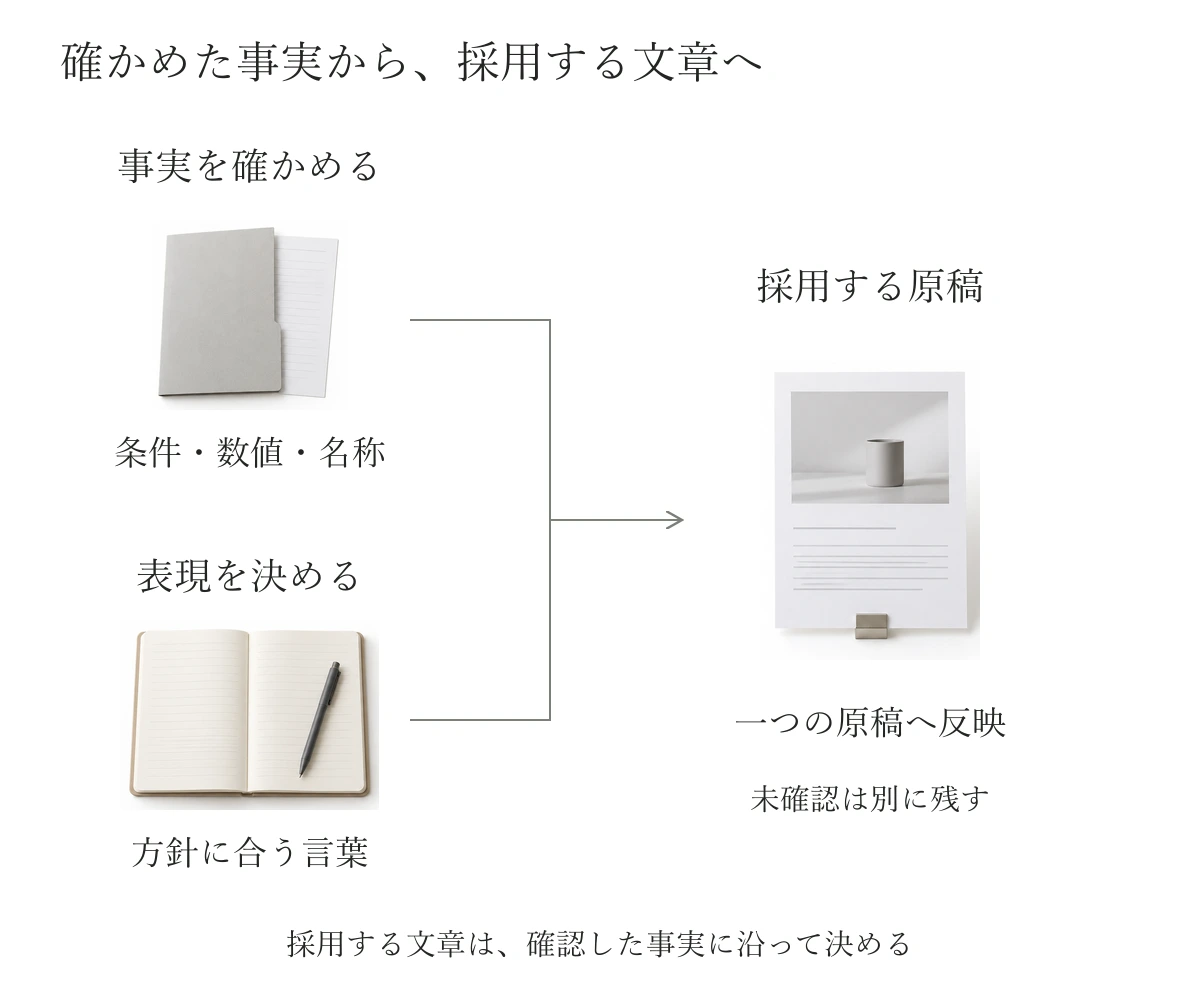 条件や名称などの事実確認と会社としての表現の判断を分け、確認した内容を一つの採用原稿へ反映し、未確認は別に記録する関係