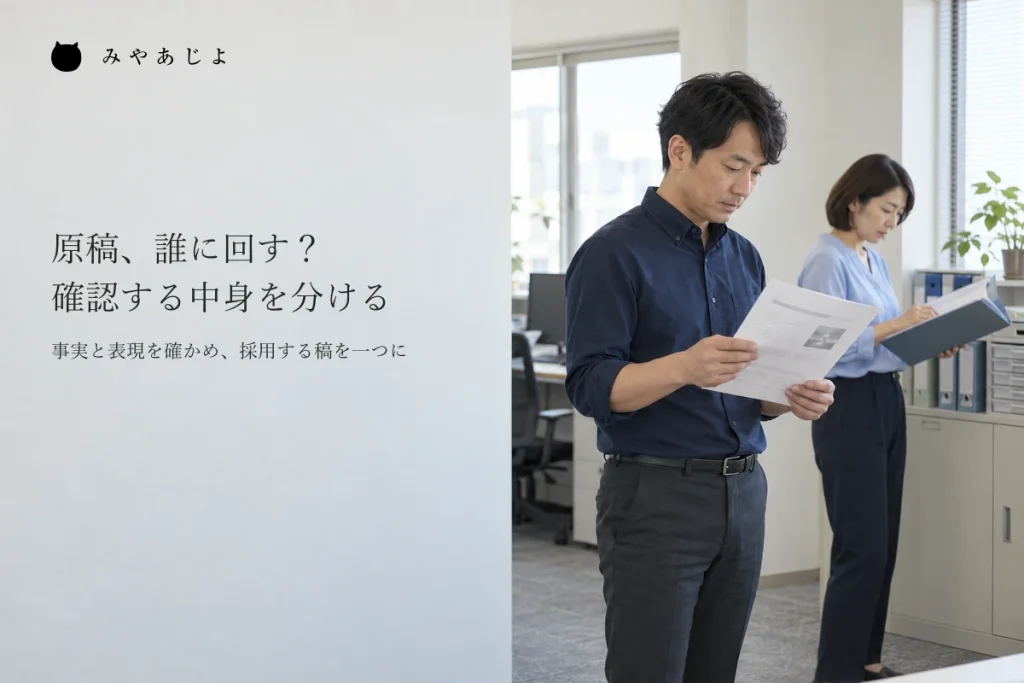 会社の原稿と正式情報の資料を、異なる立ち位置で確認する二人の担当者のイメージ