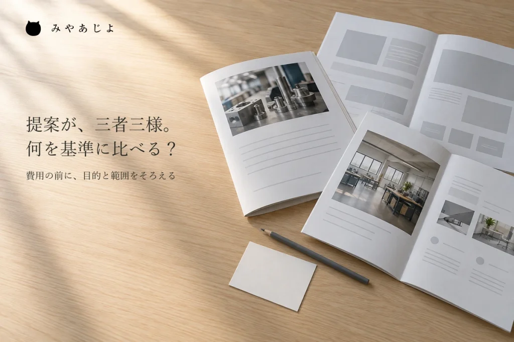 内容の違う三種類の提案資料を読み比べる場面のイメージ