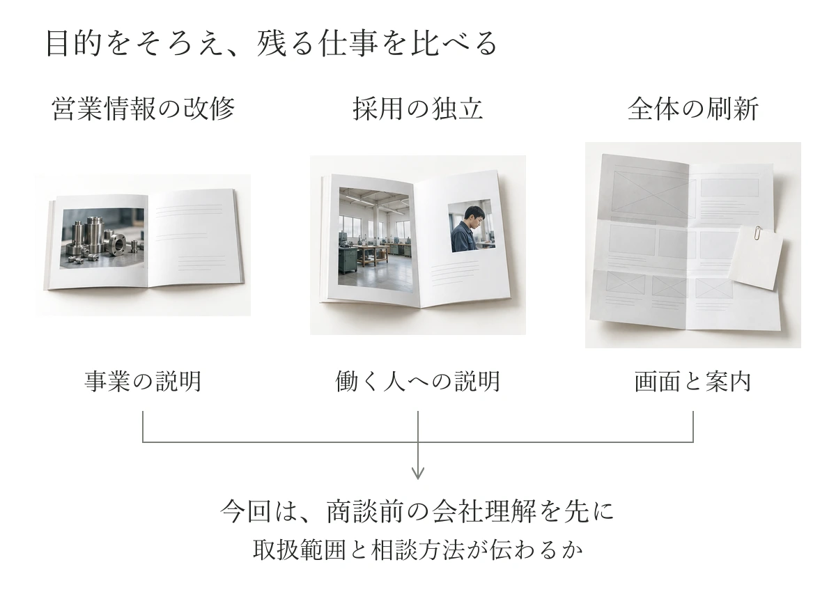 営業情報の改修、採用の独立、全体の刷新という三つの提案を、商談前の会社理解という同じ目的に照らして比べる図