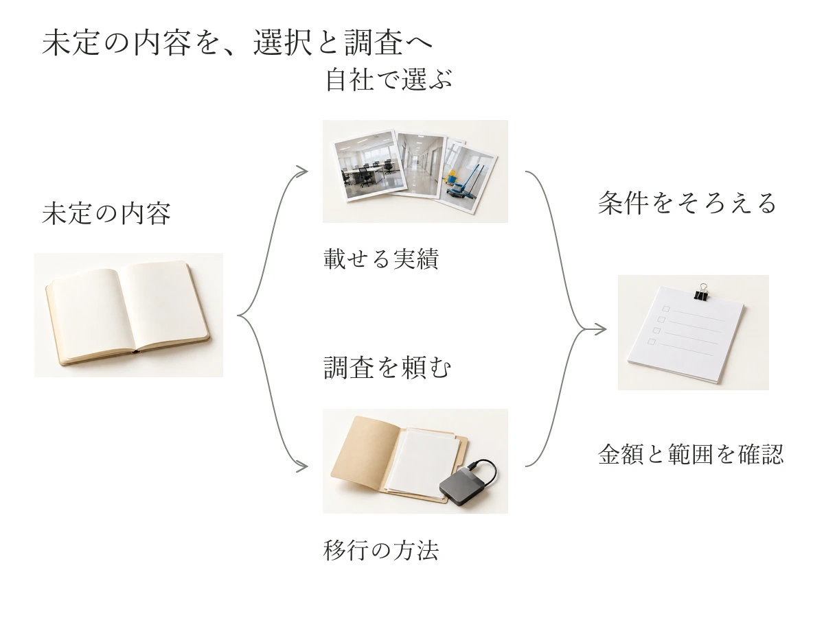 未定の内容を、自社で選ぶことと調査を頼むことに分け、見積もりの条件をそろえる図