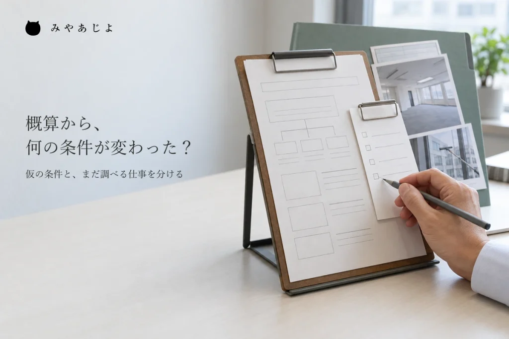 初期の構成案と追加確認のメモを見比べ、未確定の欄へ印を付けるイメージ