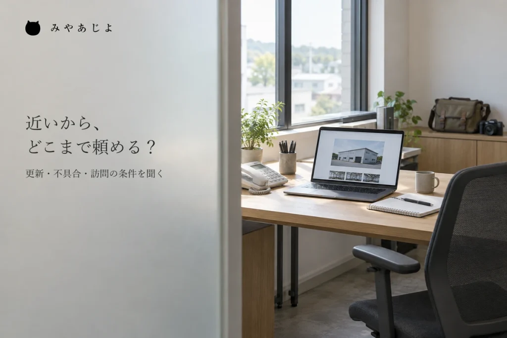 画面での確認に使うパソコンと、現地撮影の準備が置かれた静かな事務所のイメージ