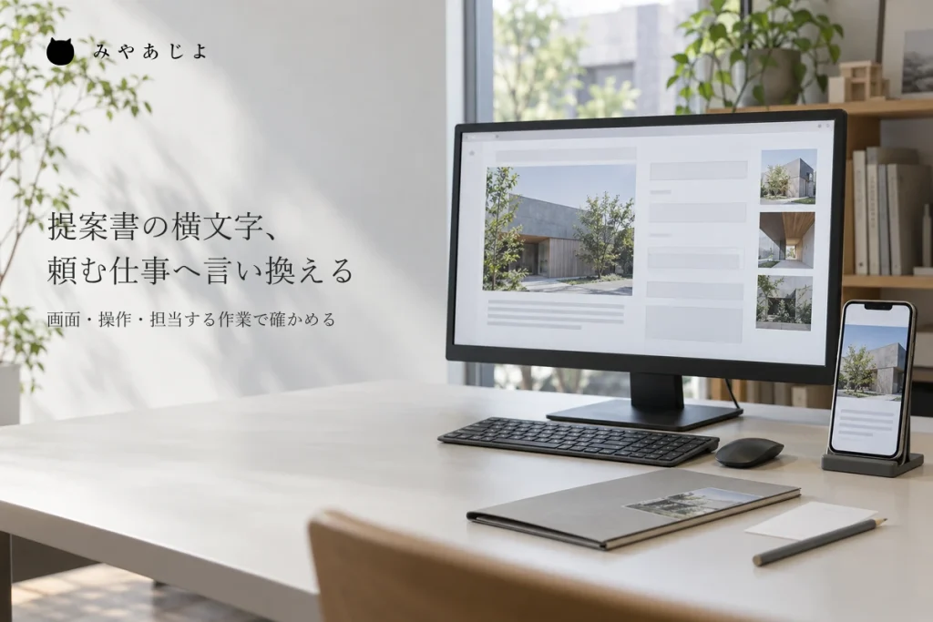 更新する画面とスマートフォンの表示を、提案資料の横で確認するイメージ