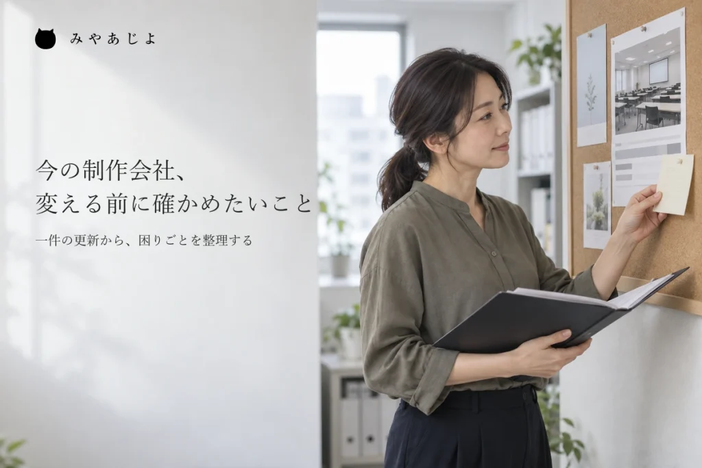 過去の更新依頼と次に直したい案内を見比べる担当者のイメージ