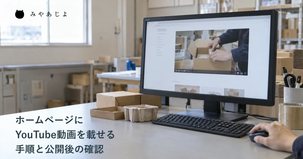 梱包資材の会社を想定した作業場で、ホームページに掲載した工程動画の再生をパソコンで確認する生成イメージ