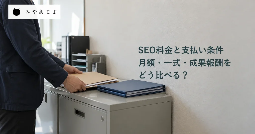 SEO料金の契約と支払い条件を確認する準備として、無地の書類フォルダを棚上で分ける手元の生成イメージ