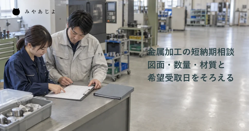 金属加工の短納期相談を想定し、工場の段取り台で二人の担当者が図面と依頼条件を確認する生成イメージ