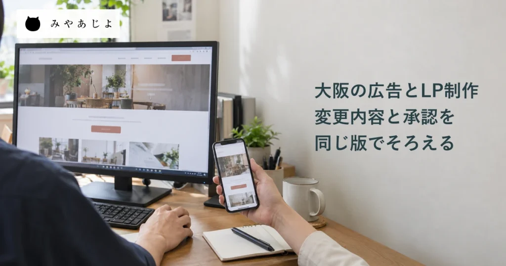 広告担当とLP制作担当の確認を想定し、同じページをパソコンとスマートフォンで照合する手元の生成イメージ