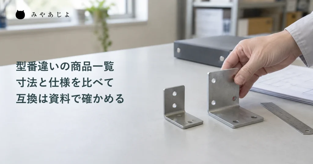 卸売・商社の商品比較を想定し、大きさの違う二つの金具と仕様資料を商品サンプル台で見比べる生成イメージ